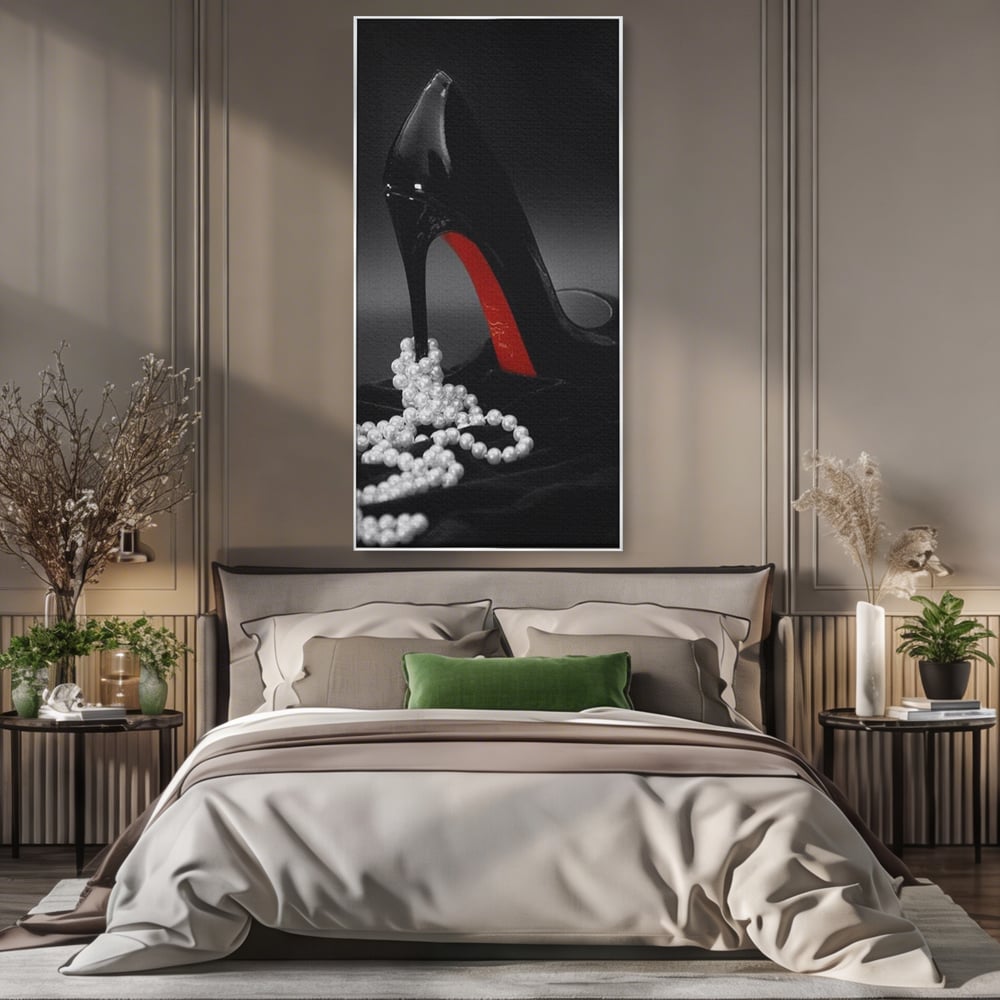 Tablou canvas cu tablou canvas cu pantof si perle, in rama de aluminiu argintiu, pe perete intr-un dormitor